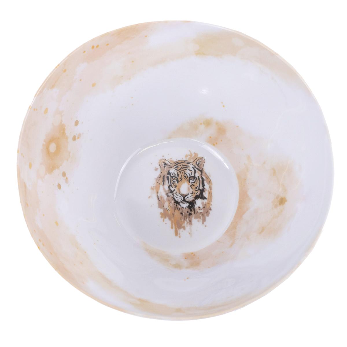 Ceramic bowl with a tiger design on a white background by The Royal Standard. 
