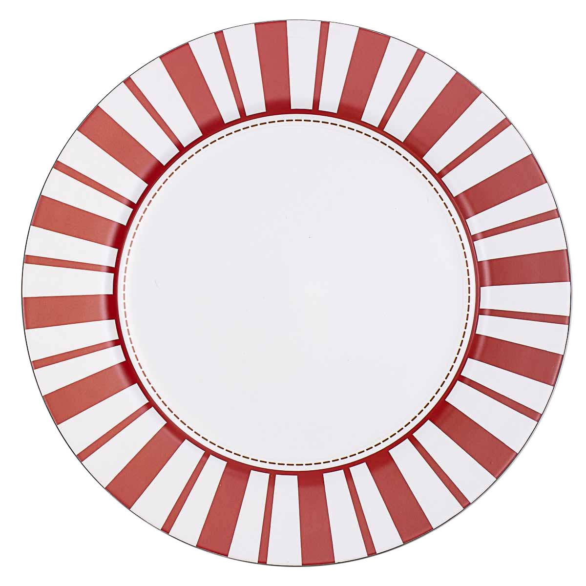 Candy Cane Stripe Charger Plate | 13-Inch Christmas Table Decor Round plate with red and white striped rim on a white background by The Royal Standard 