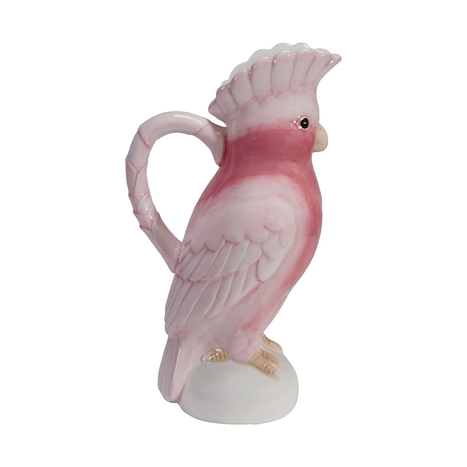 Pitcher - Ceramic - Cockatoo - 11 3/4 “ H- picture is a side view of the pink ceramic cockatoo with a handle on a white background