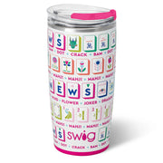 Tumbler with colorful designs and text on a white background