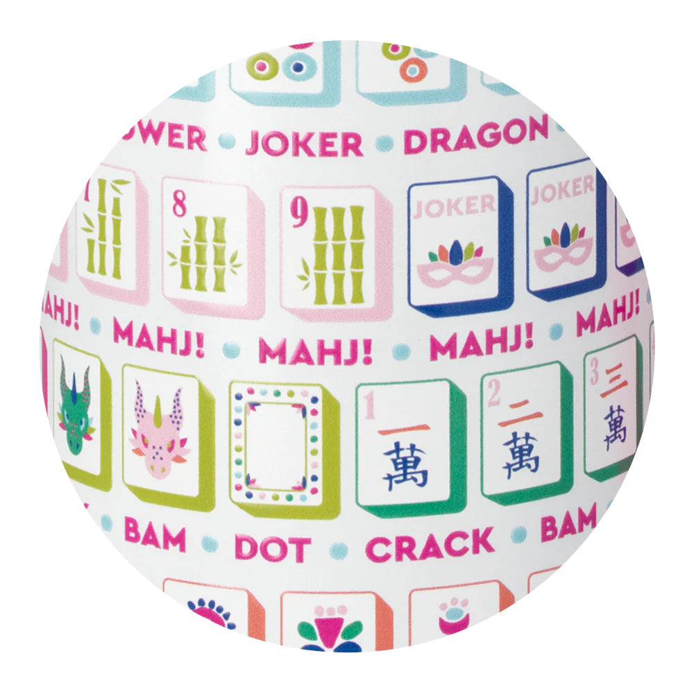 Round object with colorful Mahjong tile designs on a white background