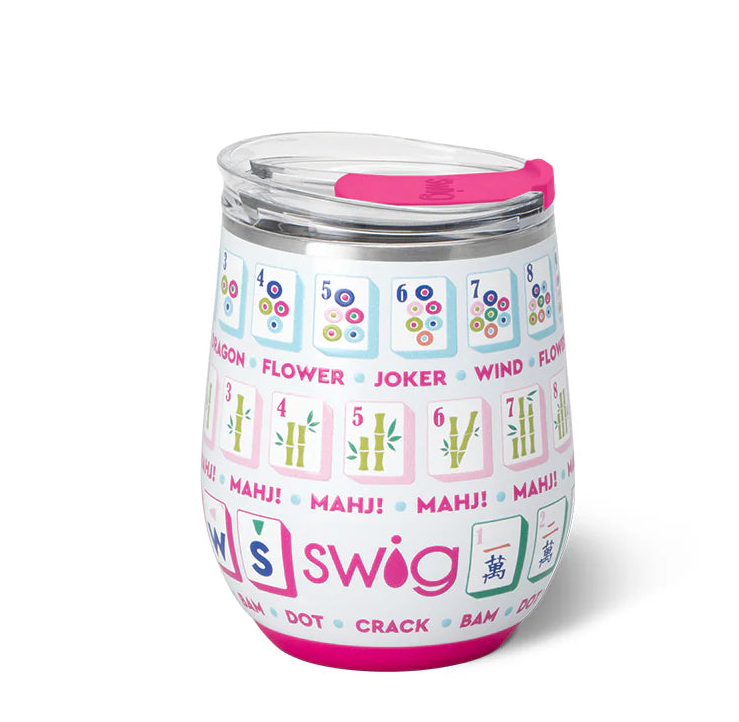 Swig tumbler with colorful design on a white background