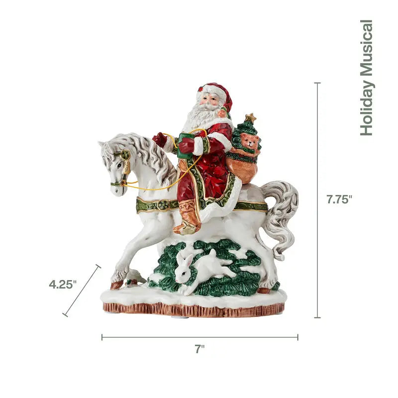Decorative figure of Santa Claus riding a horse with measurements on a white background