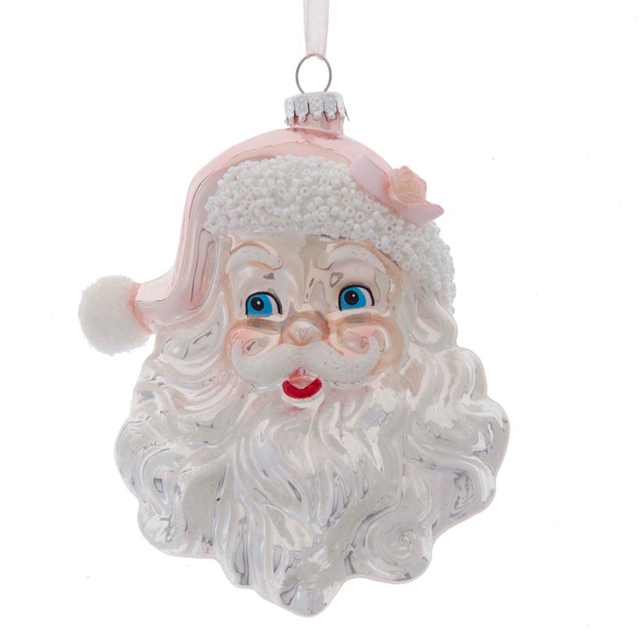 Seasonal - Ornament - Pink/White Santa Head - Glass