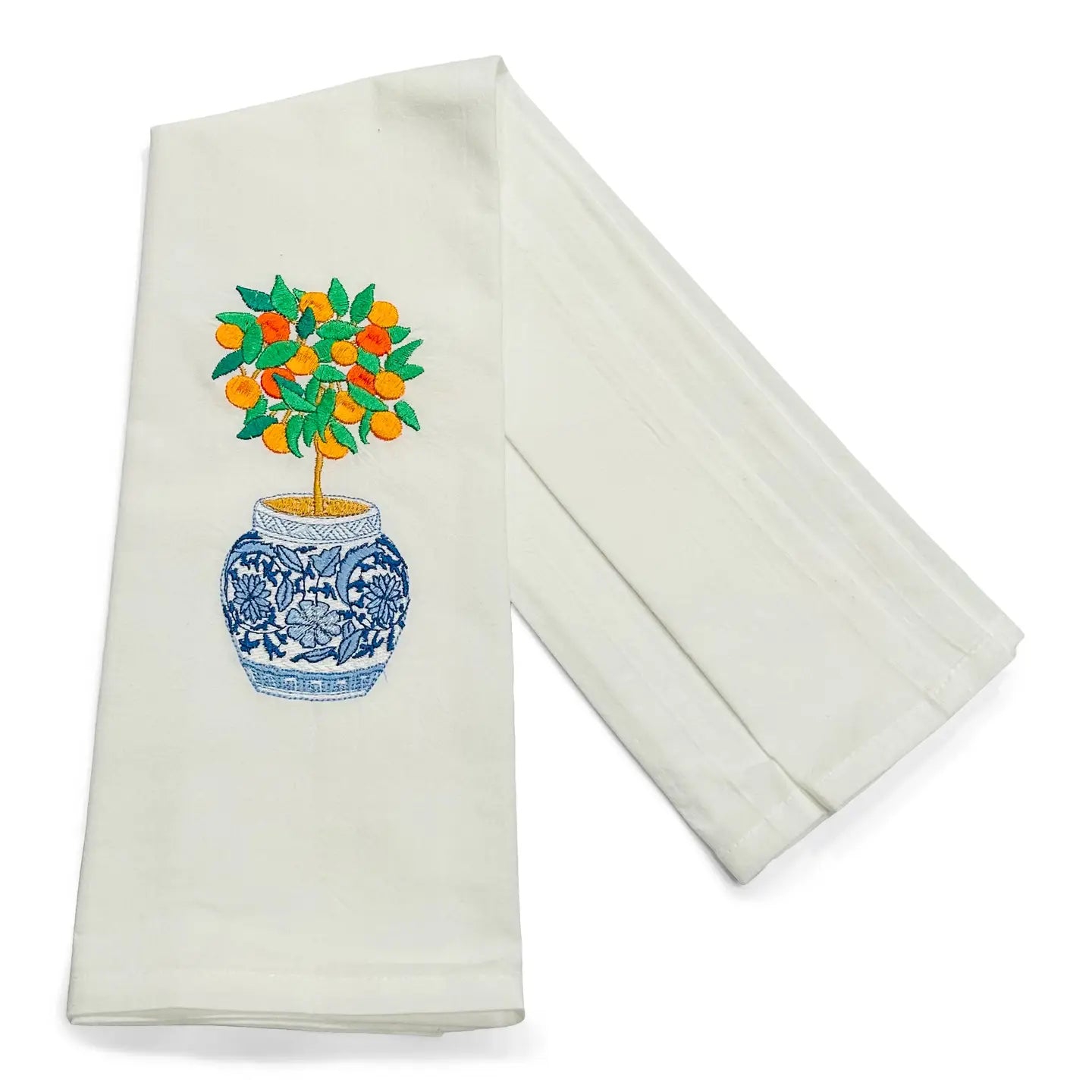 Tea Towel - Orange Tree in Blue & White Planter Pot - White