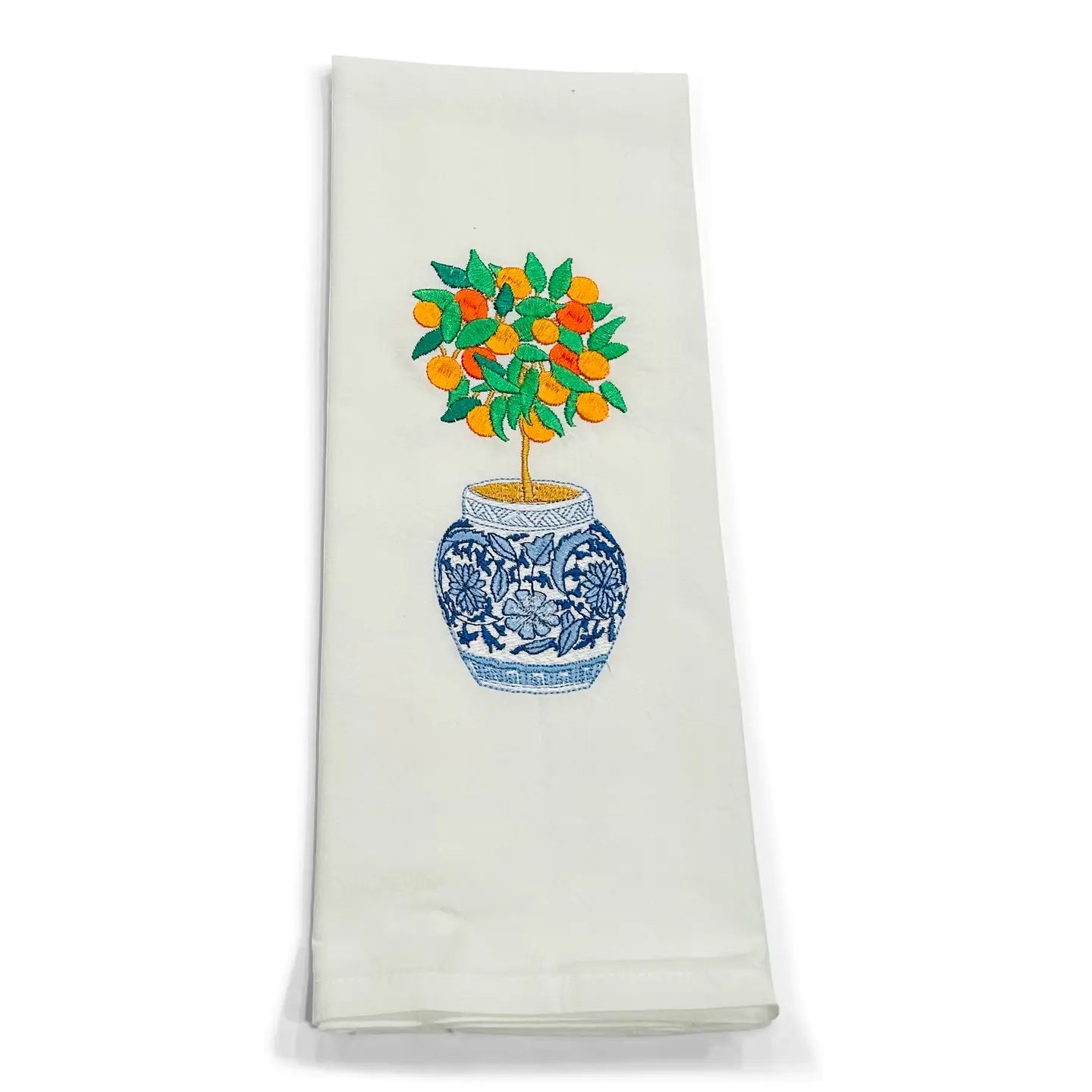 Tea Towel - Orange Tree in Blue & White Planter Pot - White