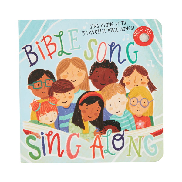 Children's book titled 'Bible Song Sing Along' with colorful illustrations of children and text.