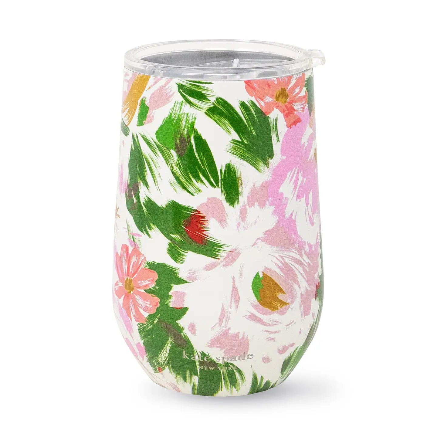 Floral-patterned tumbler with a clear lid on a white background