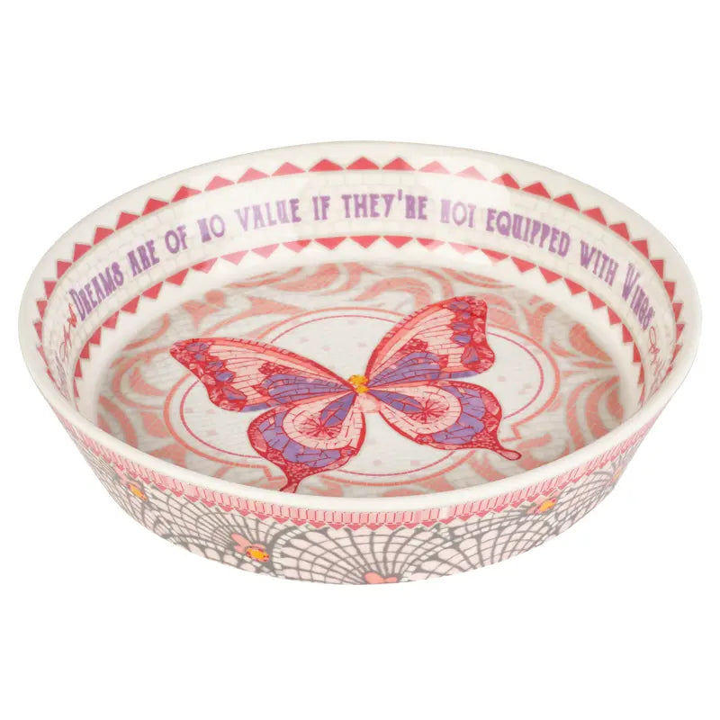 Decorative bowl with butterfly design and motivational quote on a white background
