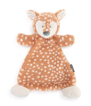 Plush deer toy with brown and white pattern on a white background