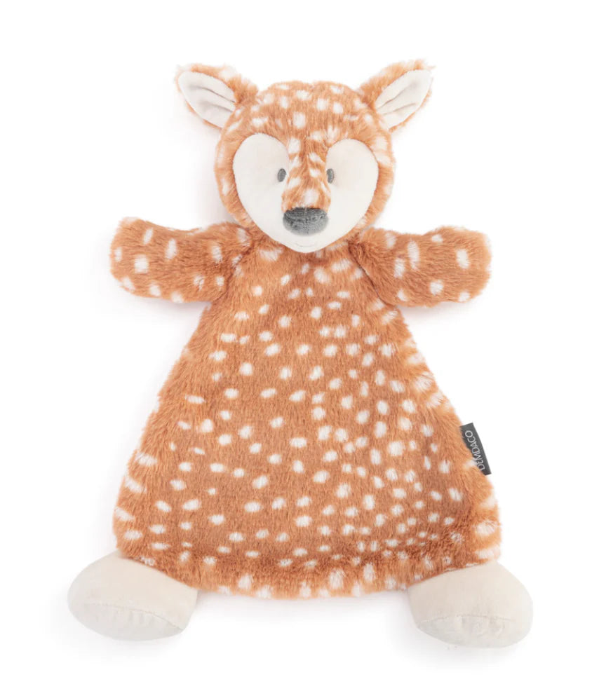 Plush deer toy with brown and white pattern on a white background
