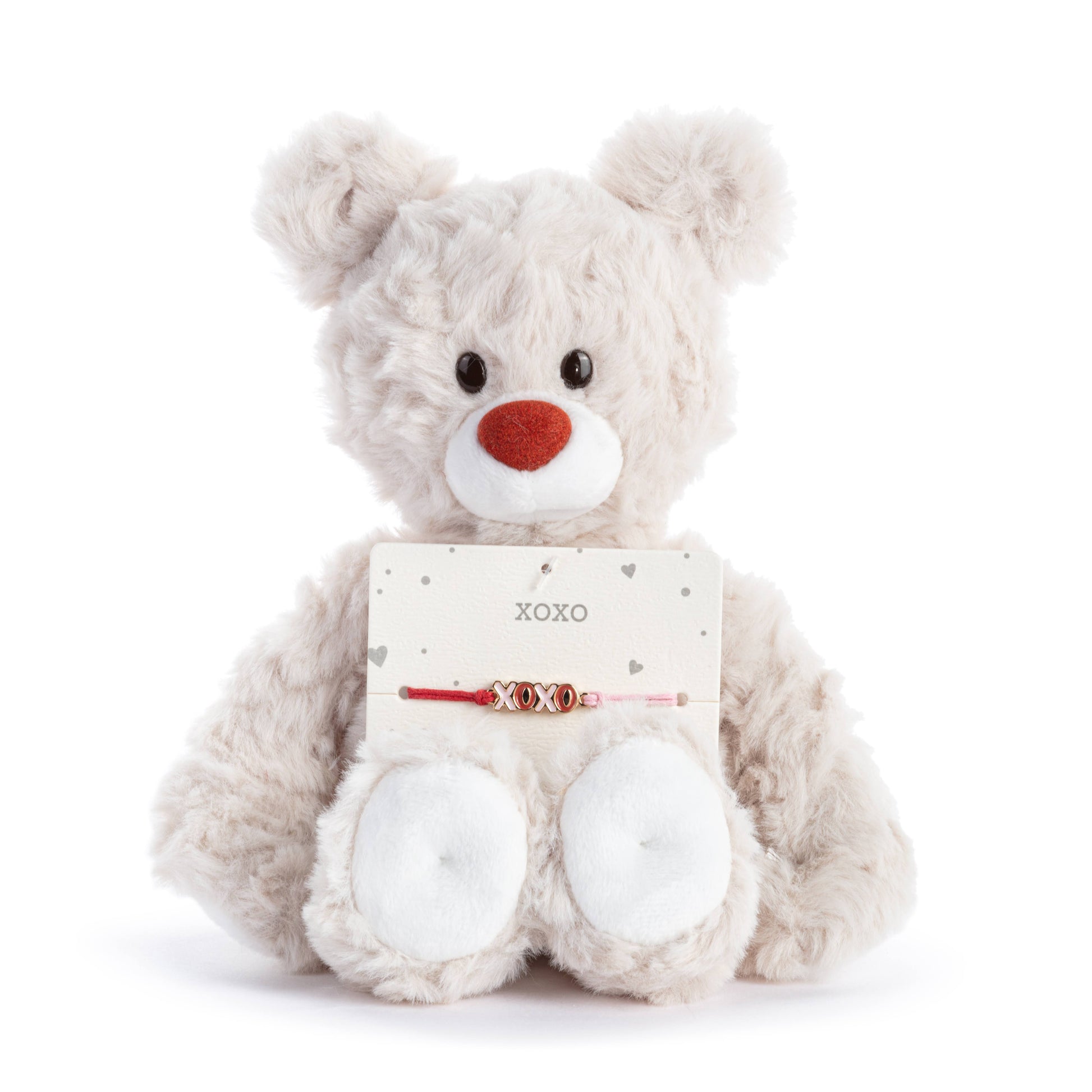 Plush teddy bear holding a card with 'XOXO' on a white background