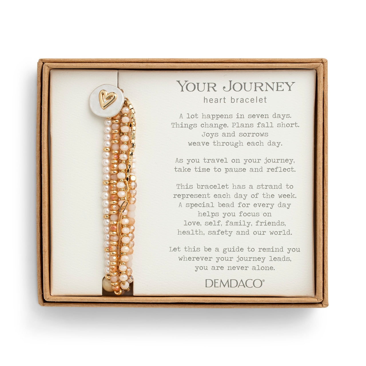 Bracelet set with a message card in a box, featuring Demdaco branding.