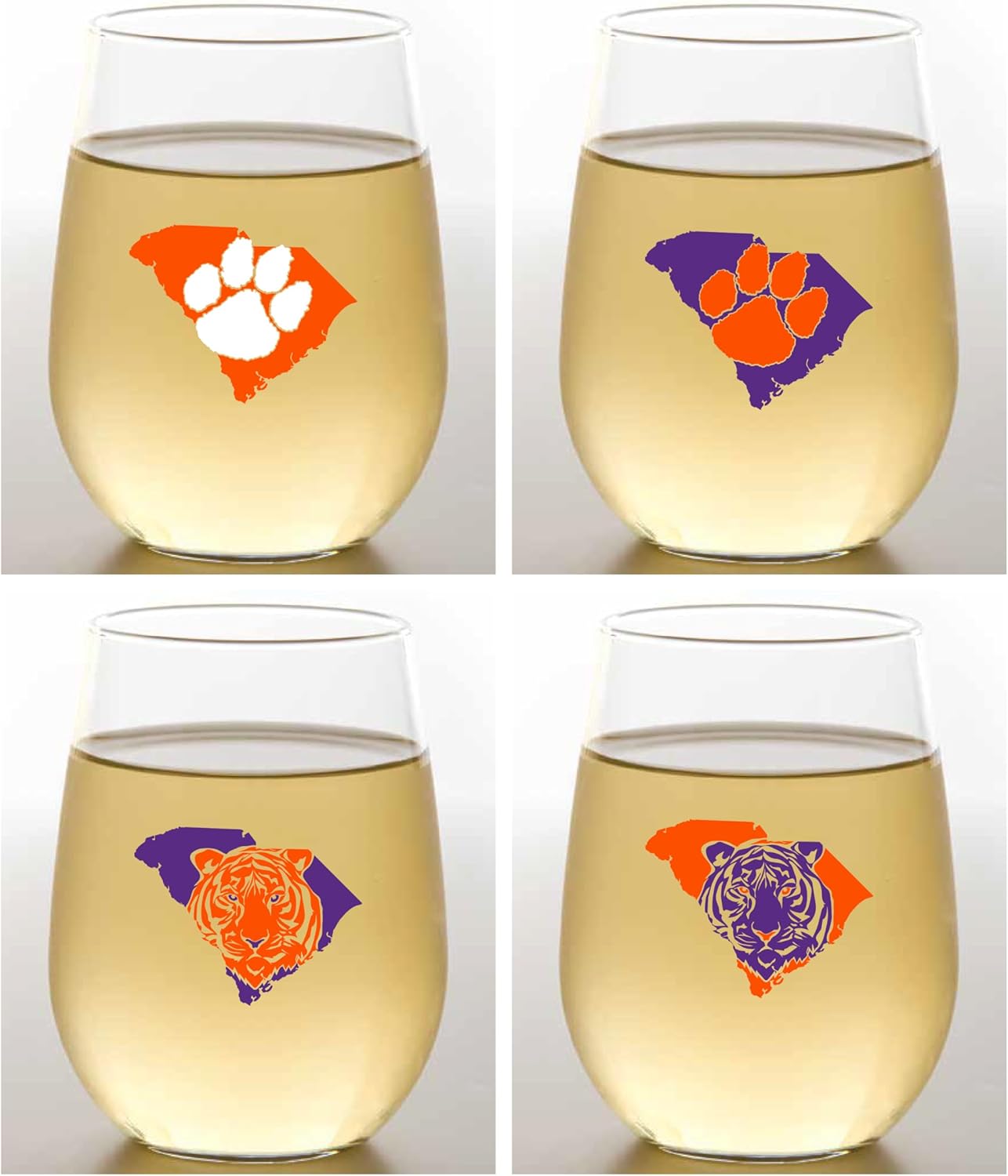 Four stemless wine glasses with Clemson University logos filled with white wine on a gray background.