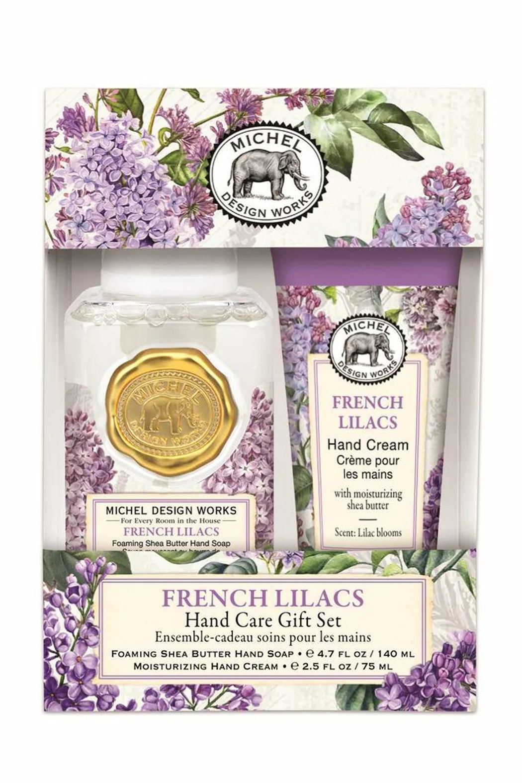 Michel Design Works French Lilacs hand care gift set with jar and tube in packaging