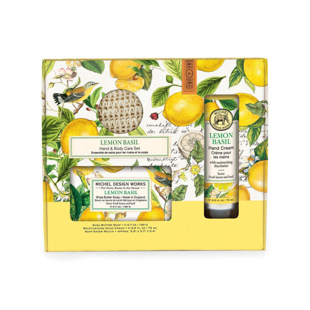 Michel Design Works Lemon Basil hand and body care set with decorative box.