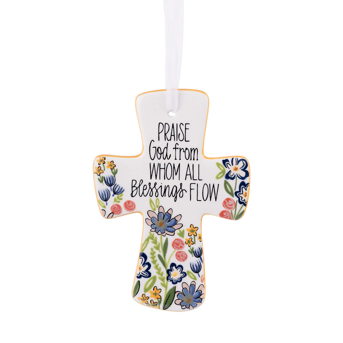 Decorative cross ornament with floral designs and text on a white background