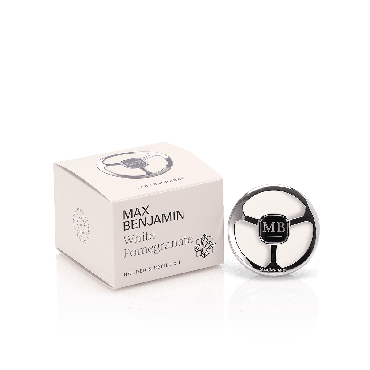 Max Benjamin White Pomegranate Car Fragrance Dispenser and white gift box on white backdrop