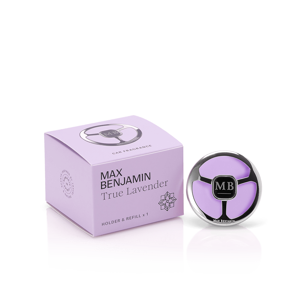 Max Benjamin True Lavender car air fragrance and product box 