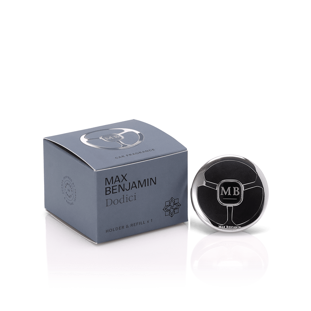 Max Benjamin Dodici Car Fragrance Dispenser and slate grey gift box on natural linen backdrop