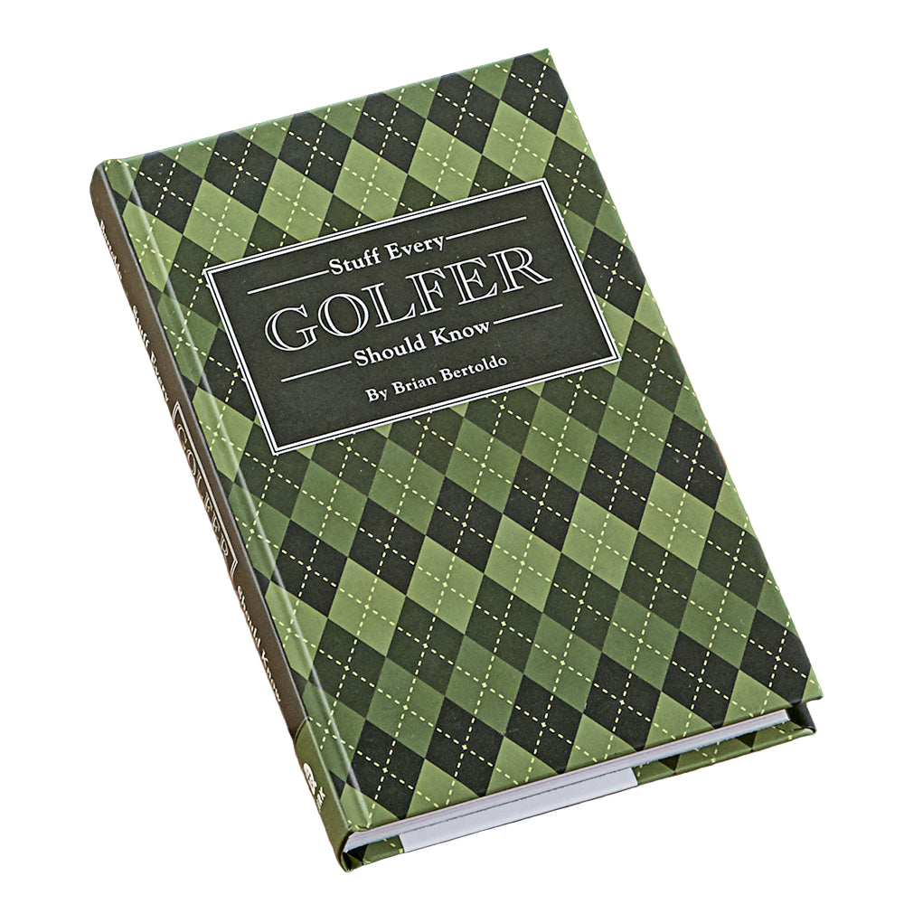 Book titled 'Stuff Every Golfer Should Know' on a wooden surface