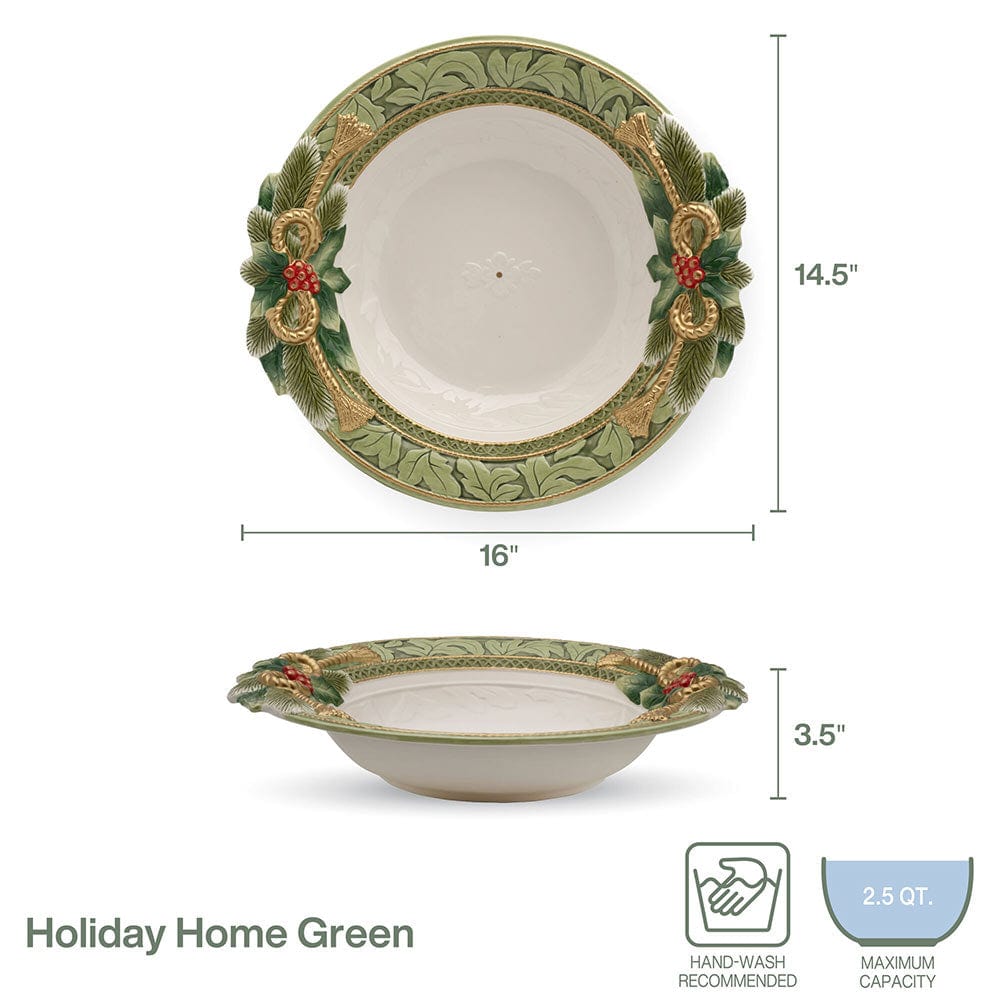 Decorative bowl with green floral design and measurements on a white background