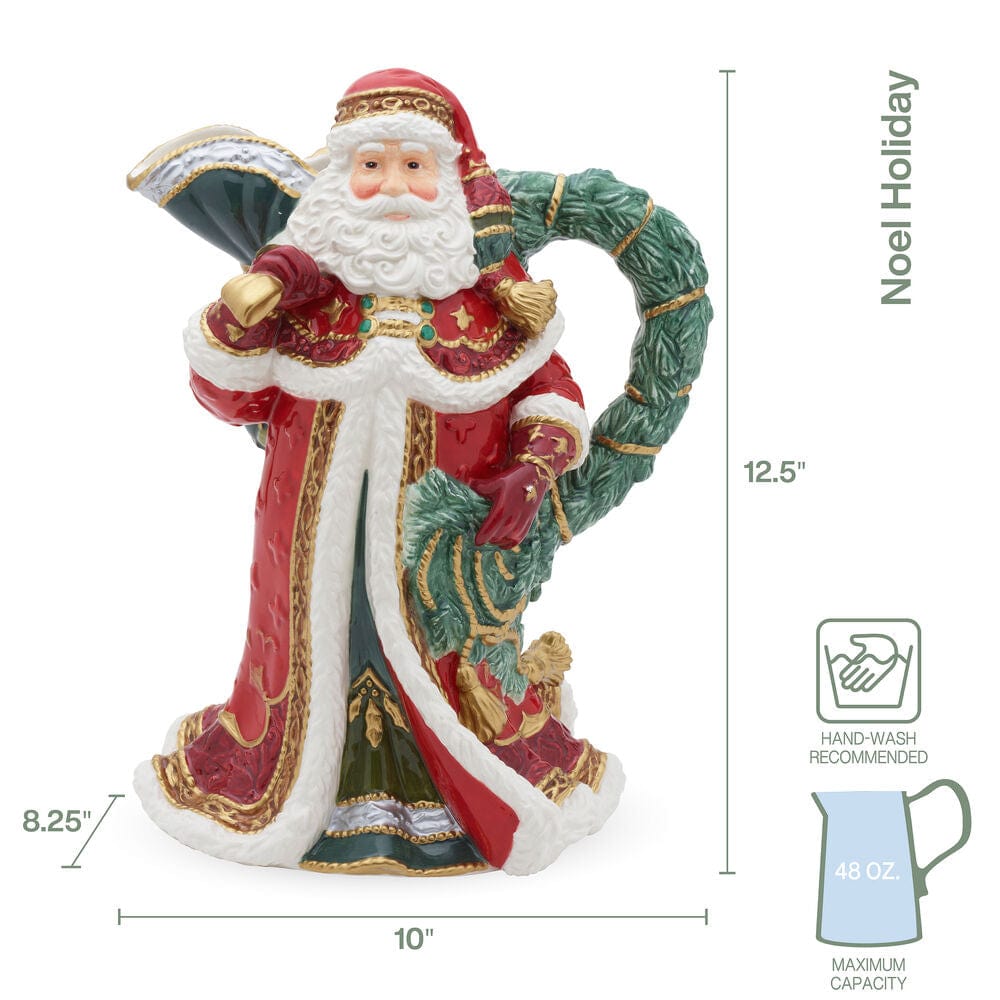 Decorative Santa Claus figure holding a wreath with dimensions and capacity details.