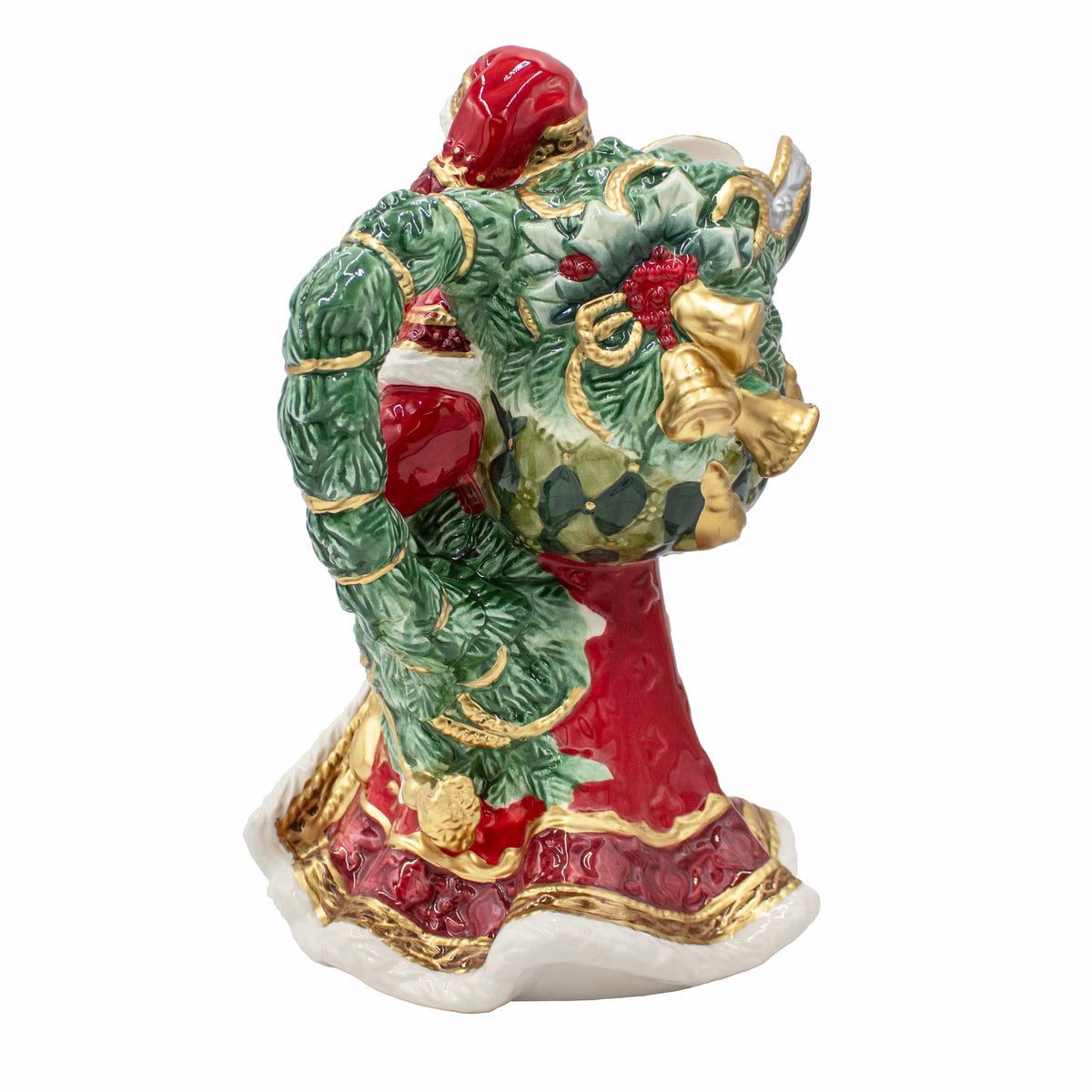 Decorative figurine of a boot filled with Christmas decorations on a white background