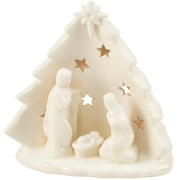 Decorative nativity scene with a Christmas tree background on a white background