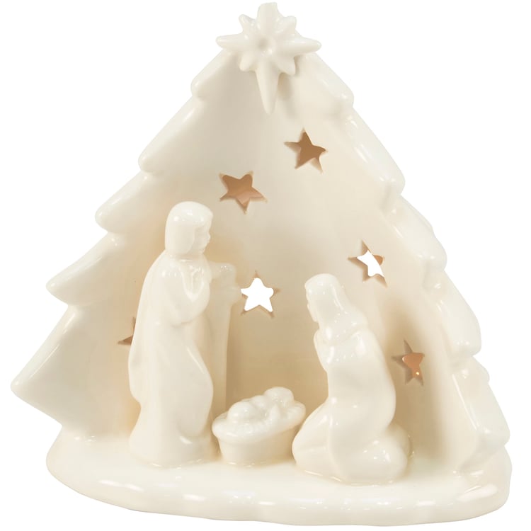 Decorative nativity scene with a Christmas tree background on a white background