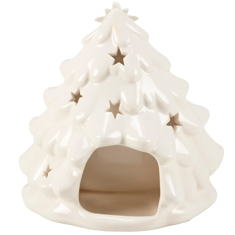 White ceramic Christmas tree with star decorations on a white background