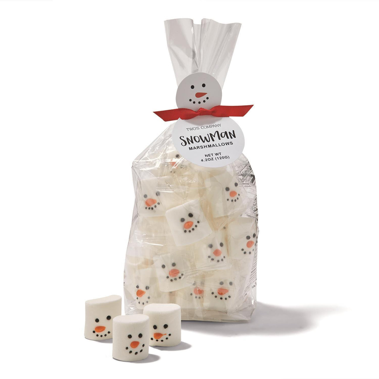 Bag of snowman-shaped marshmallows with a snowman-themed label on a white background
