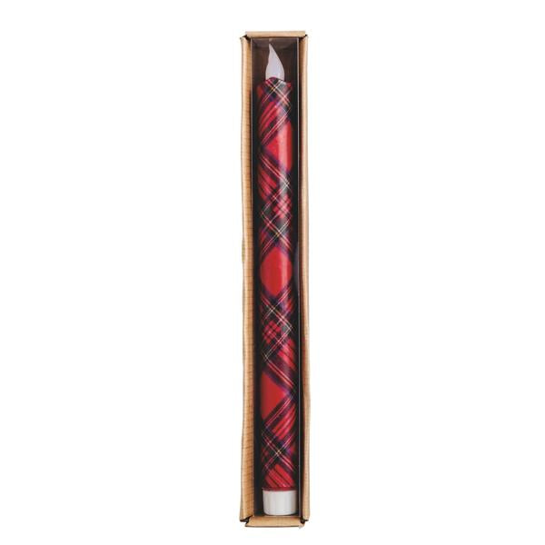 Red and black plaid candle in a gold box on a white background