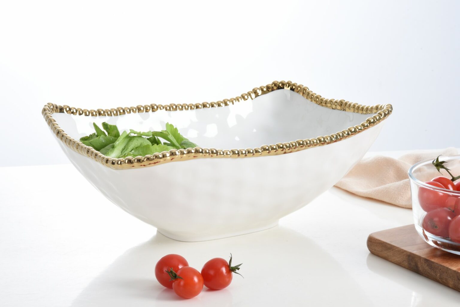Bowl - Deep Serving - White with Gold Beads