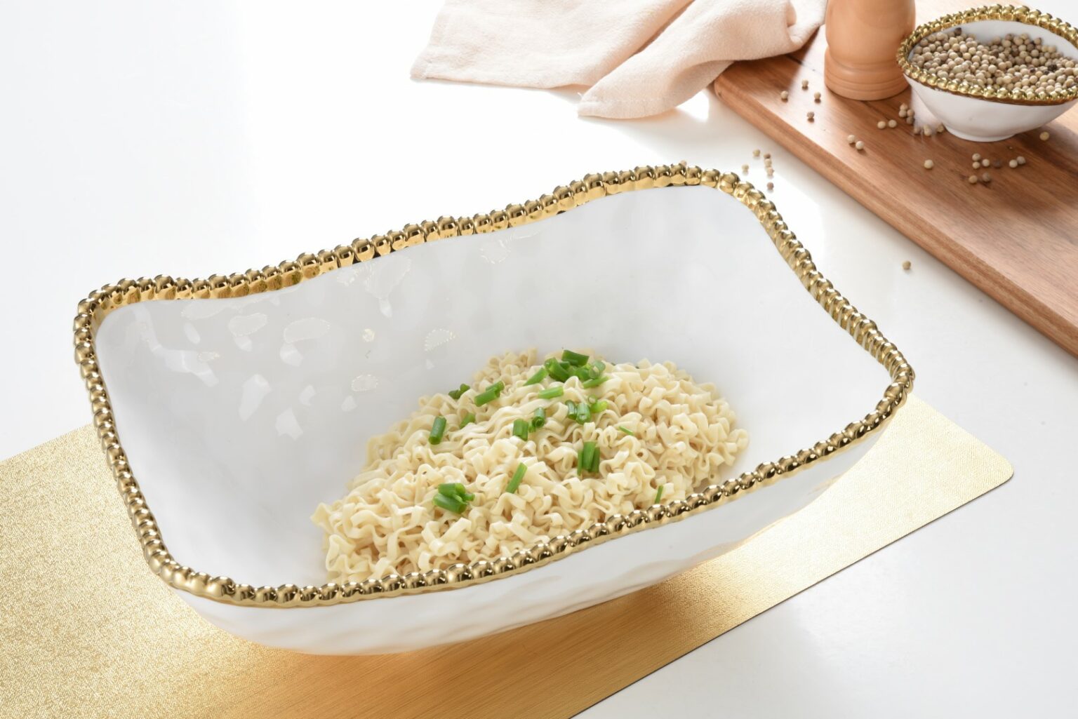 Bowl - Deep Serving - White with Gold Beads