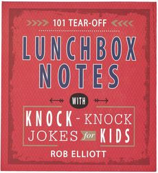 Red book cover with 'Lunchbox Notes' and 'Knock-Knock Jokes for Kids' text