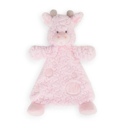 Pink plush toy with a pattern on a white background