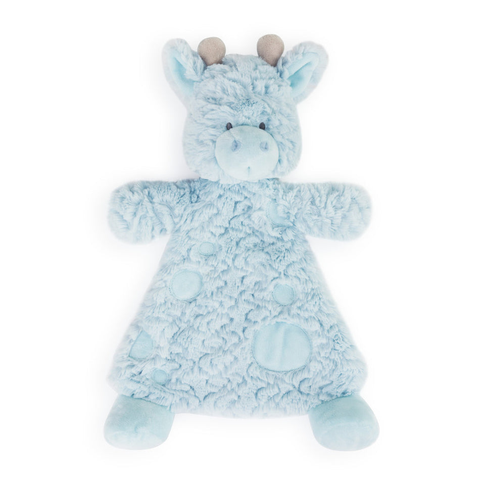 Blue plush toy with a pattern on a white background