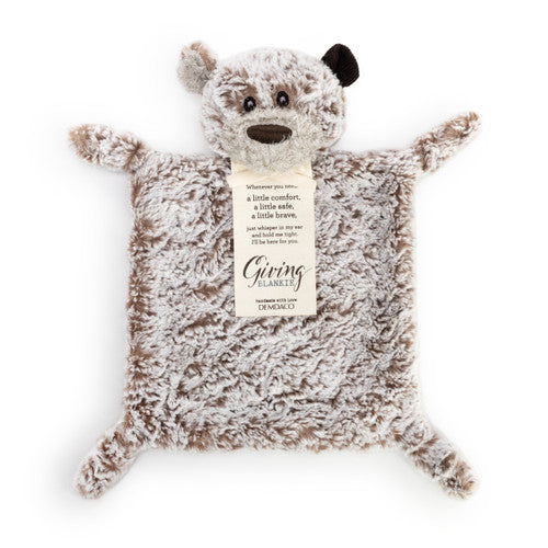 Plush bear-shaped comfort blanket with a tag on a white background