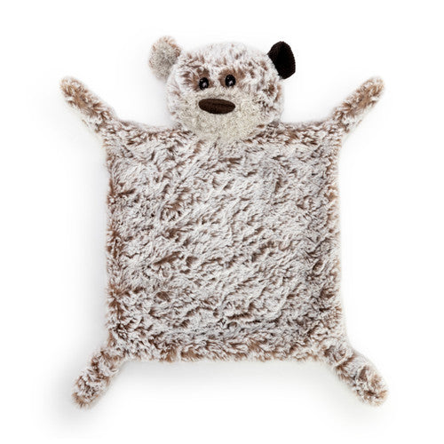 Plush animal-shaped blanket with a bear design on a white background
