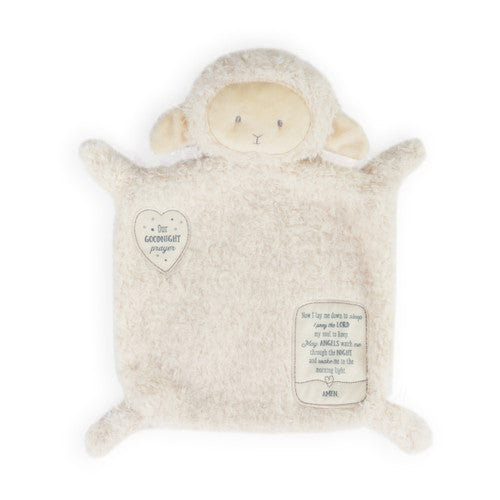 Plush lamb toy with a heart-shaped tag on a white background