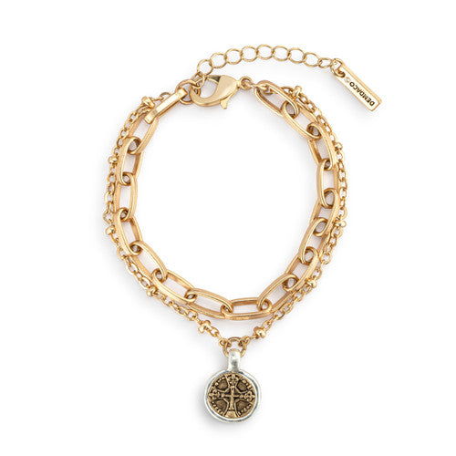 Gold chain bracelet with a pendant on a white background