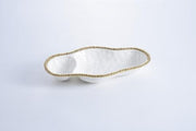 Serving Dish - 2 Section - White with Gold Beads