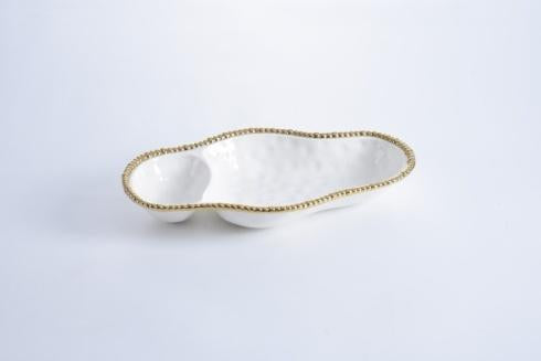 Serving Dish - 2 Section - White with Gold Beads