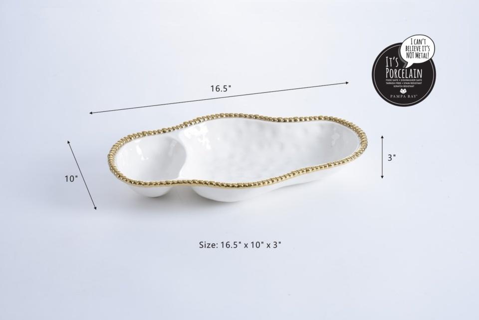 Serving Dish - 2 Section - White with Gold Beads