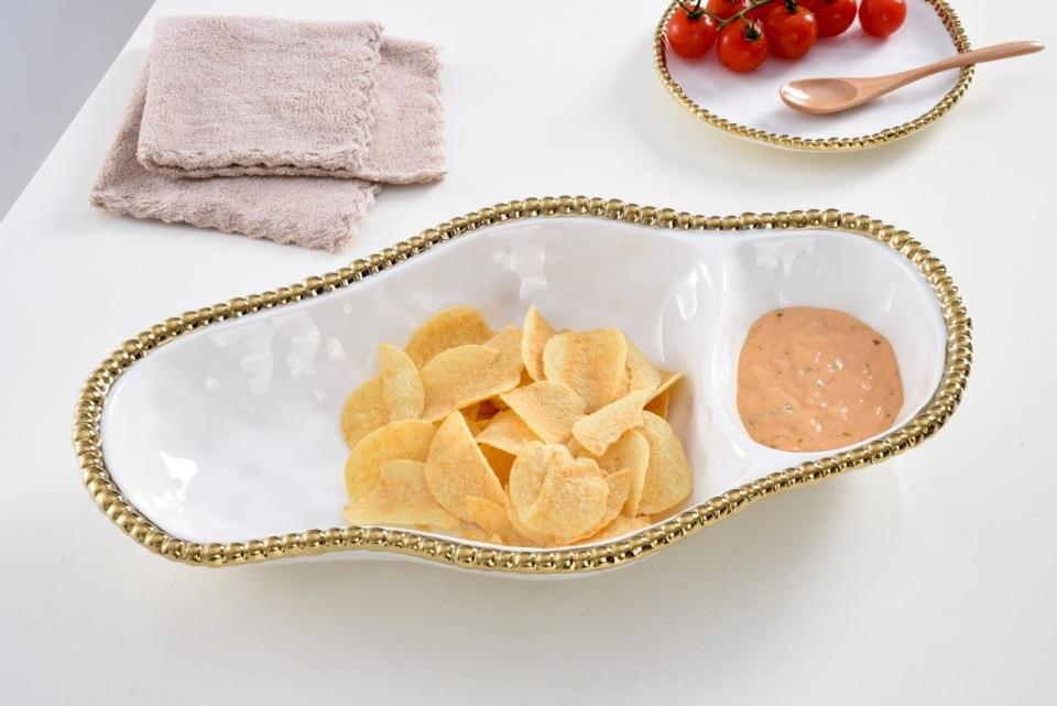 Serving Dish - 2 Section - White with Gold Beads