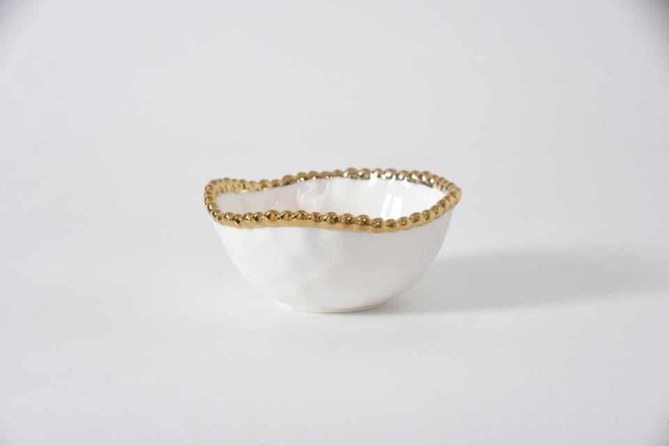 Bowl - Round Snack Bowl - White with Gold Beads