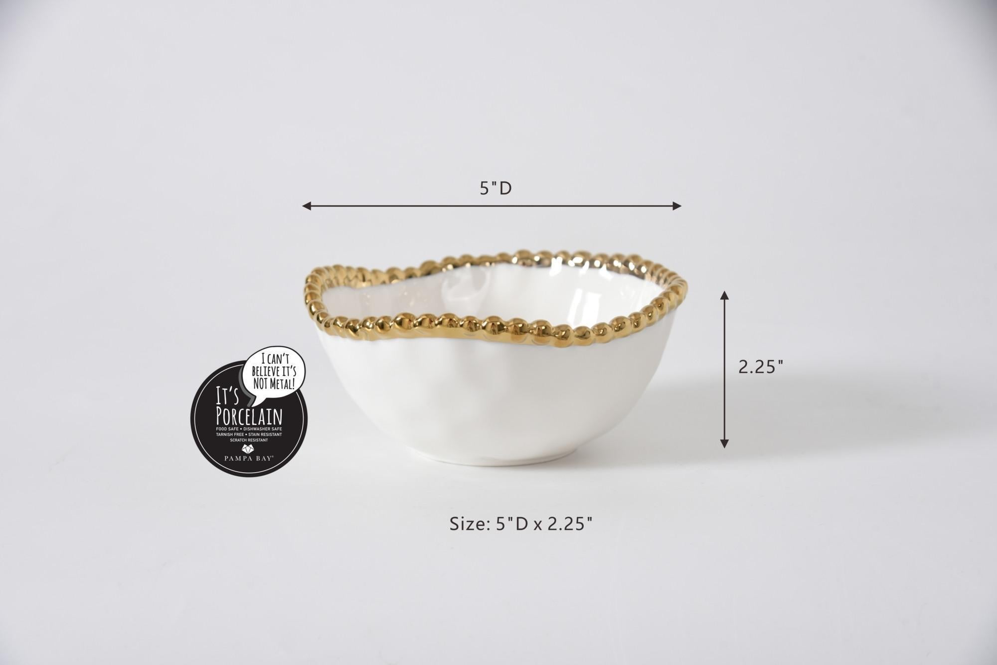 Bowl - Round Snack Bowl - White with Gold Beads