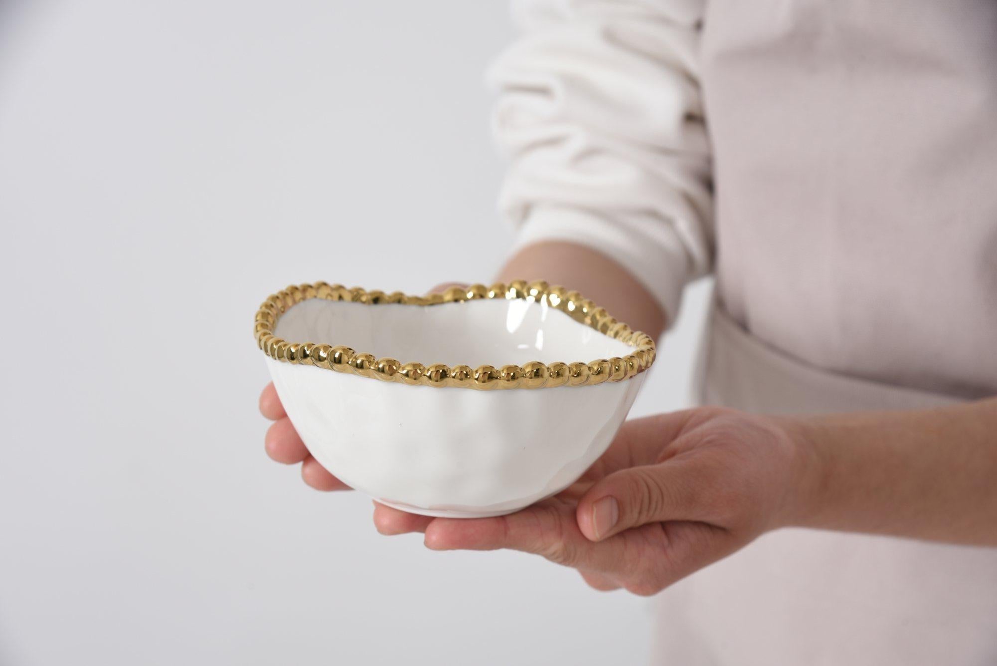 Bowl - Round Snack Bowl - White with Gold Beads