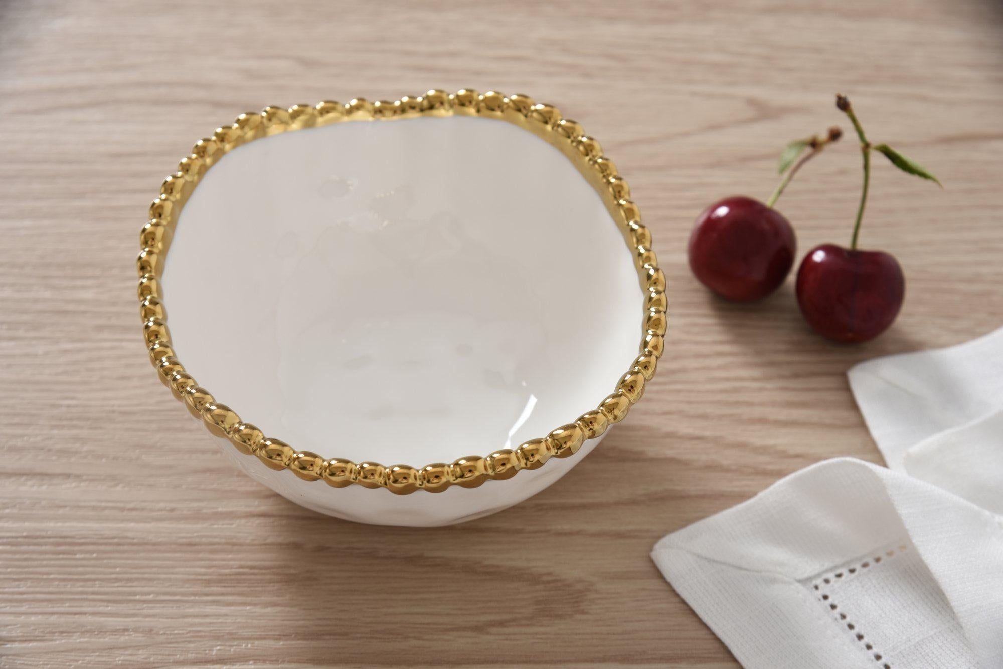 Bowl - Round Snack Bowl - White with Gold Beads
